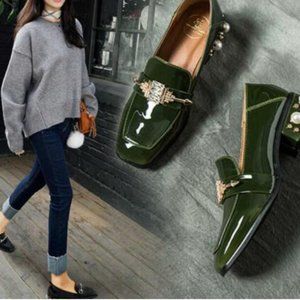 Square Toe Mid Block Pearl Heel Pumps